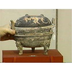 Chinese, Han Dynasty, painted pottery tripod censer and cover with moulded bear-form feet and two sq