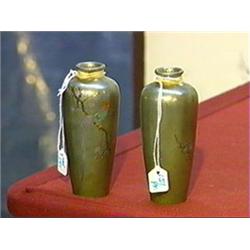 Pair of small, antique Japanese mixed metal inlaid bronze elongated ovoid vases with roosters in pru