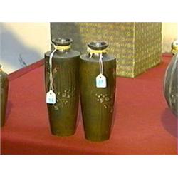 Pair of antique, Japanese mixed metal inlaid bronze vases with rooster in prunus tree designs, both 