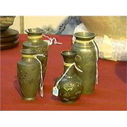 Group of four, antique and well-detailed, Japanese mixed metal inlaid bronze vases of various shapes