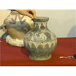 Large, Chinese Han Dynasty, painted pottery vase (hu) with archaistic dragon designs and moulded ani