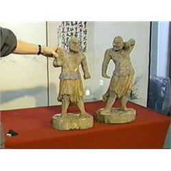 Pair of very well-carved and detailed, Chinese polychromed wood figures of standing guardians, each 