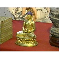 Well cast, Sino-Tibetan gilt bronze seated Buddha holding a bowl, finely incised robes, lotus base, 