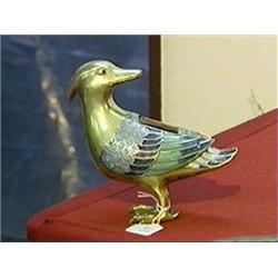 Very unusual and antique, Chinese champleve enamel and gilt bronze censer in the form of a duck (sma