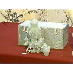 Very finely carved and detailed, Chinese pale green jadeite covered urn with chain-attached smaller 