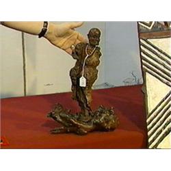 Fine, antique Chinese root wood figure of a lohan (missing feet), on natural root wood stand, probab