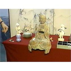 Old and well-carved, Chinese polychromed wood figure of a seated lohan, good detailing to features (