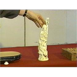 Very finely carved and old Chinese ivory group of Shou Lao with staff and peach branch, an attendant
