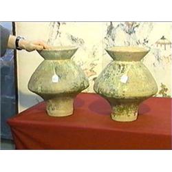 Pair of very unusual form and large, Chinese Han Dynasty, partially iridescent, green glazed pottery