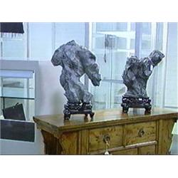 Pair of good, Chinese Ling Bi stone scholar's rocks, fine carved wood stands