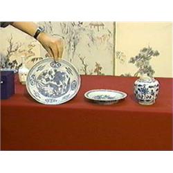 Three pieces of Chinese, Ming Dynasty blue and white: Swatow dish with bird (rim chip), foliate dish