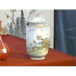 Very delicately Famille Rose enameled, antique Chinese porcelain jar and cover, quail and floral des