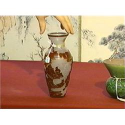 Chinese, carved red overlay on snowflake Peking glass baluster vase with finely detailed scholars an