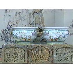 Pair of very well-detailed and large, Chinese export-style, Famille Rose enameled porcelain fishbowl