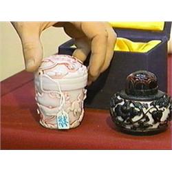 Two small and well-detailed, Chinese carved overlay on white Peking glass pieces with lotus designs: