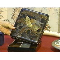 Antique Japanese lacquer suzuribako, the cover with gold and silver lacquer bird of prey in pine tre