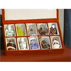 Group of ten, Chinese carved Peking glass snuff bottles: seal-type, monochrome, single overlay and d