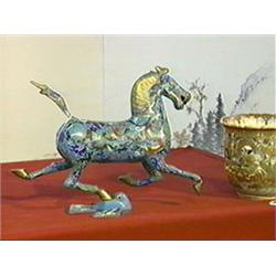 Well-detailed, older Chinese cloisonné enamel model of a running horse on a bird, with all over arch