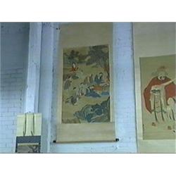 Finely detailed, antique Chinese ink and color on silk scroll painting depicting the Eight Immortals