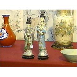 Two well-detailed, Chinese cloisonné enamel beauties with well-carved ivory-like heads and hands (ch
