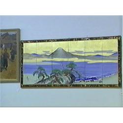 Pair of well painted antique Japanese miniature/doll screens: each six-fold with colors on gilt pape