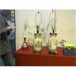 Two antique and well-detailed, Japanese Satsuma vases with figural and brocade designs (some wear an