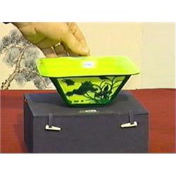Well-carved, Chinese green overlay on yellow Peking glass square-form bowl with bird and floral desi