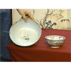 Two well-detailed, Chinese 18th Century, Famille Rose enameled export porcelain bowls: the smaller w