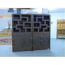 Pair of old and very elaborately detailed, Chinese rosewood display cabinets, vari-shaped shelves, t