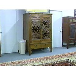 Large old Chinese, elmwood cabinet with very finely openwork carved and glass backed doors, single s