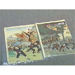 Two antique, Japanese woodblock triptychs by Nobukazu Watanabe depicting scenes from the Sino-Japane