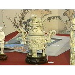 Well-detailed, Chinese carved ivory koro and cover with double dragon design on body, animal mask le