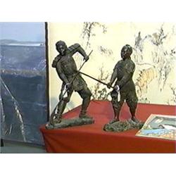 Two elaborately cast bronze figures of Samurai warriors: with spear (spear slightly bent) and with s