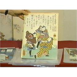 Group of three, antique Japanese woodblock prints by Toyokuni III, various subjects (all lightly ton