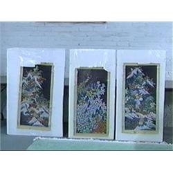 Set of three, very colorful, antique Japanese scroll paintings (numerous flaws and cracking)