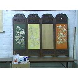 Antique Japanese, four panel carved screen, openwork bird and floral designs (repairs); mounted with