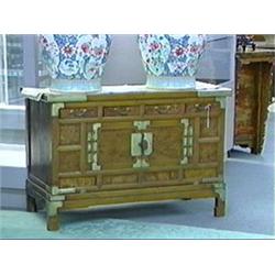 Old, Korean chest on stand with four drawers and central enclosed storage area, burl wood door and f