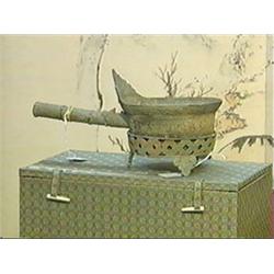 Chinese, Chou Dynasty-style bronze burner, with handle and stand, elaborate details all over (minor 