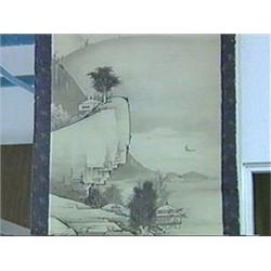 Two old, Japanese scroll paintings: ink and color on silk with bird and florals; and ink on paper la