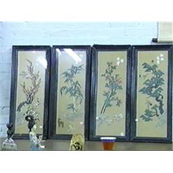 Set of four Chinese, carved and appliqué hardstone panels with various bird, tree and floral designs