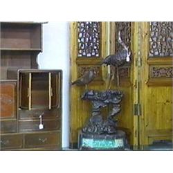 Unusual, large old Japanese carved root wood bird group on old polychrome lacquered wood stand (flaw
