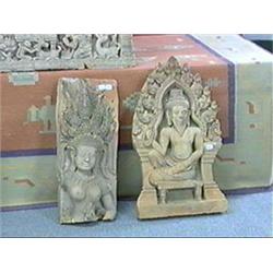 Two well-detailed, Southeast Asian fragmentary terracottas depicting deities: female with elaborate 