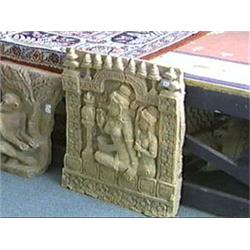 Very well-detailed, Southeast Asian fragmentary terracotta panel with central female deity and atten