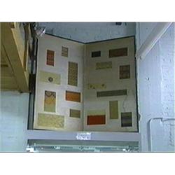 Group of three, old Japanese two-panel screens: canceled stamps design, appliqué silk panels and pla