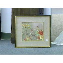Small, framed and old, Japanese embroidered silk panel with grapevine motif, signed (some old flaws)
