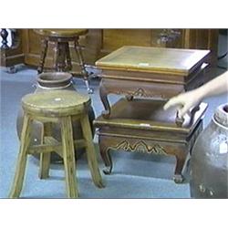 Three old, Chinese elm wood pieces of furniture: pair of low stands and a stool (old flaws to each)