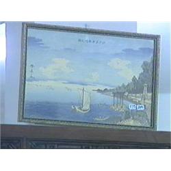 Two framed Japanese woodblock prints: port scene, signed Shuntei (toned); and samurai killing bear, 