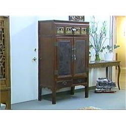 Old, Chinese burgundy, black and gold lacquered elm wood storage cabinet with interior and exterior 