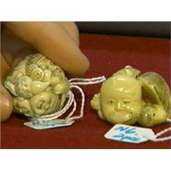 Two well-carved and detailed, ivory netsuke of mask groups: Seven Gods of Good Fortune, signed  Meiz