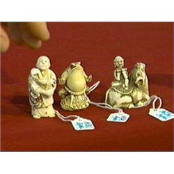 Group of three, well-carved and detailed, ivory netsuke: sumo frog, man scratching and man on water 